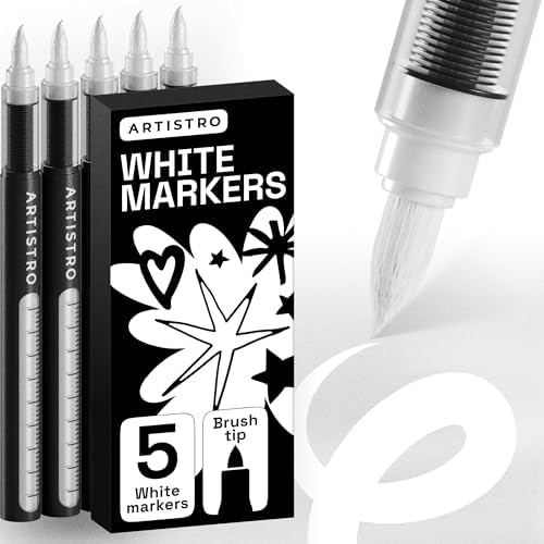 ARTISTRO 5 White Paint Pen for Rock, Glass, Ceramic, Wood, Tire, Fabric, Metal, Canvas, Marking, Painting - Set of 5 Acrylic Paint Markers Water-based - Brush Tip with Automatic Ink Control System