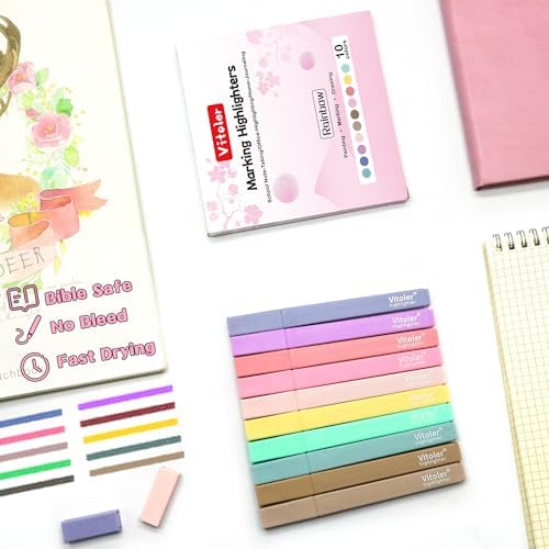 Vitoler Aesthetic Highlighters, Pastel Color, No Bleed, Chisel Tip 10Pcs | assorted color,dry fast,long lasting high for bible study,books,journal,writing,school office