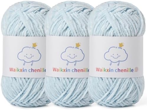 Skinny Chenille Yarn for Crocheting, 3 Pack of 1.75 oz/109 yds Amigurumi Yarn&Baby Yarn for Crocheting Soft, Fluffy Fingering Weight Velvet Yarn for DIY Crafts&Baby Blankets.(3 Baby Blue)