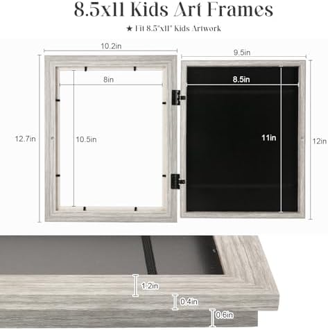 [2-Pack] Kids Art Frames, 8.5x11 Front Opening Kids Artwork Frames Changeable, Grey Wood Grain Artwork Display Storage Frame for Wall, Holds 50 Pcs, for 3D Picture, Crafts, Children Drawing, Hanging