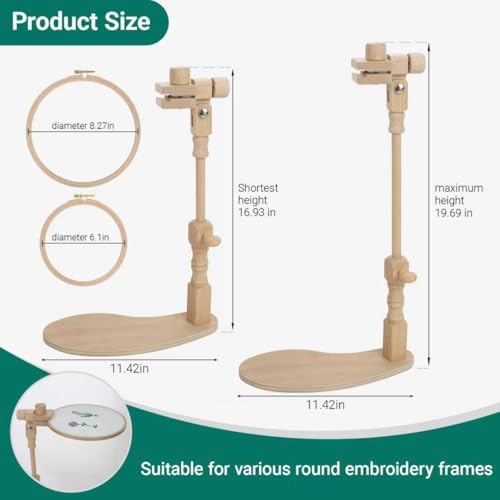 Airo Beech Adjustable Embroidery Hoop Stand,Embroidery Holder Stand,Cross Stitch Stand,Embroidery Stand with 2pcs Embroidery Hoops (6inch + 8inch), Rotatable, Tool-Free Installation
