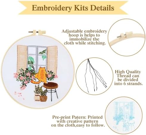 4 Sets Pussy Cat Embroidery Kit for Beginners with Tool Set Cat Pattern