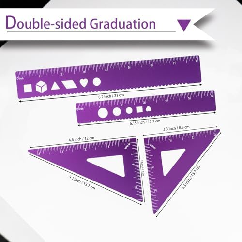 5 Pcs Metal Geometry Set, Math Drafting Ruler Kit- Aluminum Triangle Rulers, Protractor, 8 Inch and 6 Inch Drawing Ruler, Measuring Tool for School and Office Supplies (Purple)