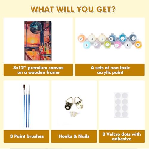 Bowetile Framed Paint by Numbers Vintage Cocktail Kit for Adults, Adults' Paint-by-Number Kits on Canvas, Painting by Numbers Bar, Acrylic Number Painting for Home Wall Decor, 8x12in