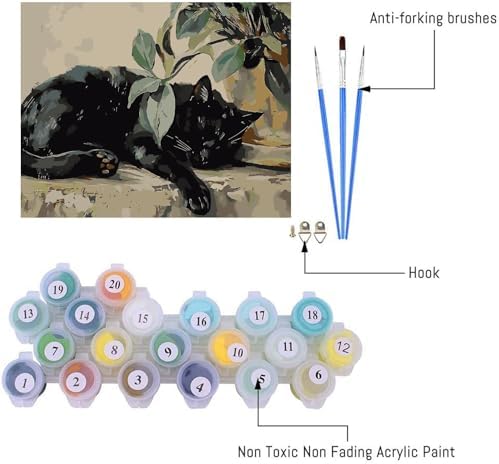Canrichshop Sleeping Cat Paint by Number Kit for Adults,DIY Black Cat Acrylic Painting Kit Without Frame,Easy Adult Paint-by-Number Kits on Canvas Decor 16x20inch