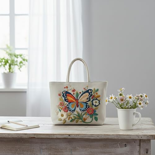ARTopet Embroidery Tote Bag Kit for Beginners Butterfly Canvas Cross Stitch Handbag with Hoops Needles Threads Reusable Grocery Bag for Women-Butterfly04