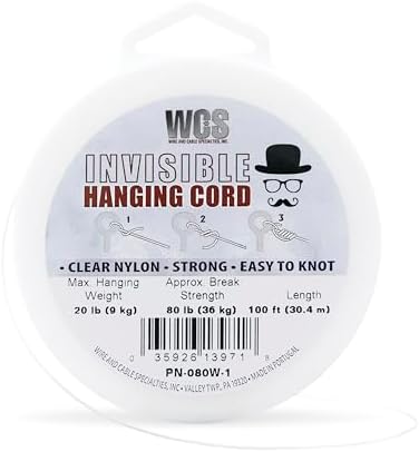 WCS Invisible Hanging Wire Clear Cord Nylon String, 100ft - 20 lb / 9 kg
