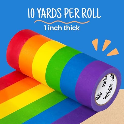 Craftzilla Rainbow Colored Masking & Painters Tape, 6 Rolls, 1in x 10 Yards