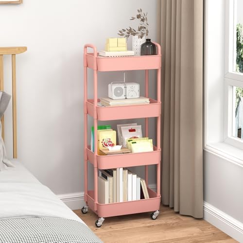 Sywhitta 4-Tier Plastic Rolling Utility Cart with Wheels for Storage, Pink