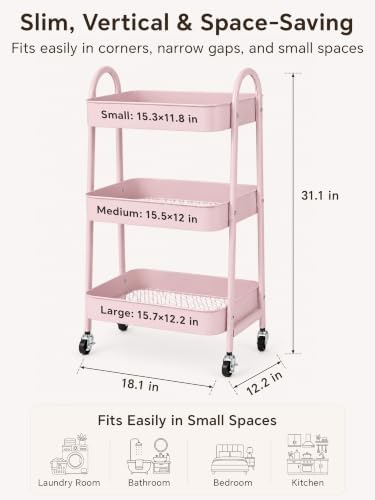 Booklov Rolling Makeup Cart Organizer, 3 Tier Utility Storage Cart, Pink