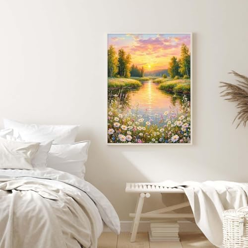Alptiny Paint by Numbers Kit for Adults, Riverside Sunset Landscape Paint by Number Kit on Canvas, Countryside River & Wildflowers Oil Painting for Gift, Home Wall Decor 16x20 Inch