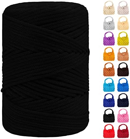 Polyester Macrame Cord 3mm x 185yards, Braided Macrame Cord Polypropylene Silk Cord, Crochet Bag Polyester Yarn for Crocheting, Bag, Wall Hangings, Rug, DIY Crafts (Black)