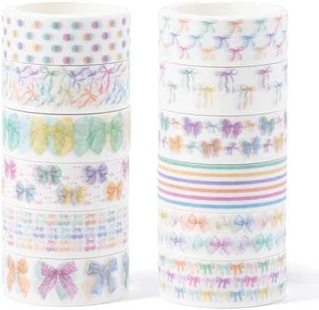 Watercolor Bow Washi Tape - 12 Rolls Colorful Watercolor Bow Pastel Preppy Aesthetic Scrapbook Washi Adhesive Glue Masking Tape Set School Office DIY Craft Scrapbooking Junk Journal Supplies