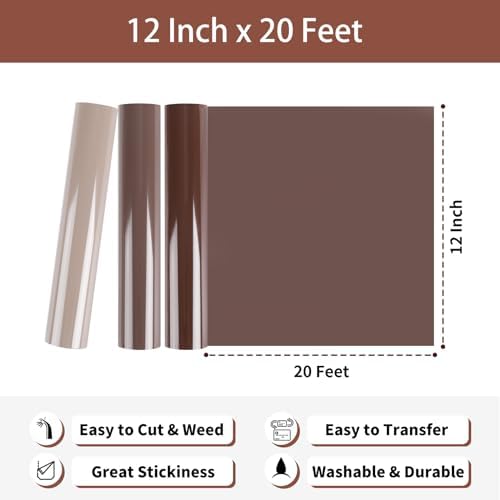 HTVRONT Heat Transfer Vinyl Brown HTV Rolls, 12" x 20ft
