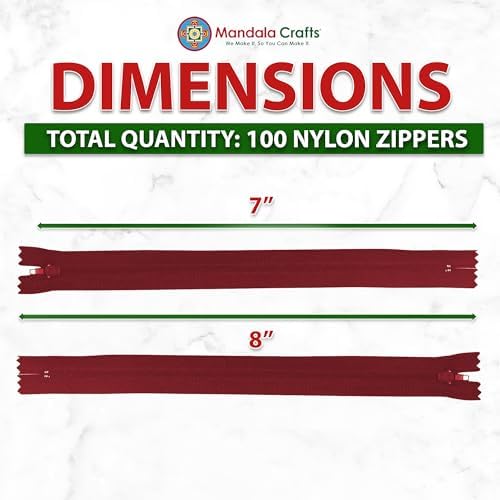Mandala Crafts 100 PCs Burgundy Closed-End 8 Inches Nylon Zipper for Sewing