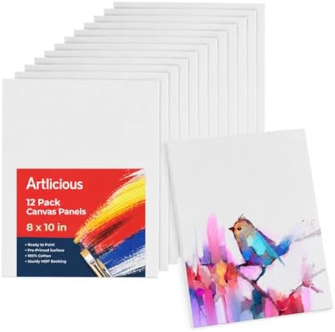 Artlicious Canvases for Painting 12 Packs - 8 x 10” Blank Canvas 100% Cotton Painting Canvas Panels for Acrylic, Oil & Watercolor Paint for Canvas Painting