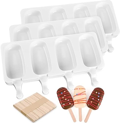 Sakolla 3 Pack 4 Cavity Popsicle Silicone Molds with 100 Pcs Wooden Sticks