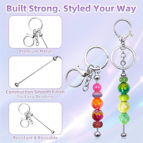 28 Pcs Beadable Keychain Bars - Keychain Making Kit Bulk - Metal Beaded Keychains for Crafting - Diy Key Chain Supplies - Blank Keychains Bars for Beads - Beadable Items (Silver)
