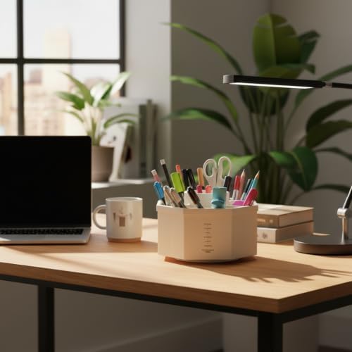 Jekelife 360 Degree Rotating Pen Holder,5-Compartment Desk Organizer,White
