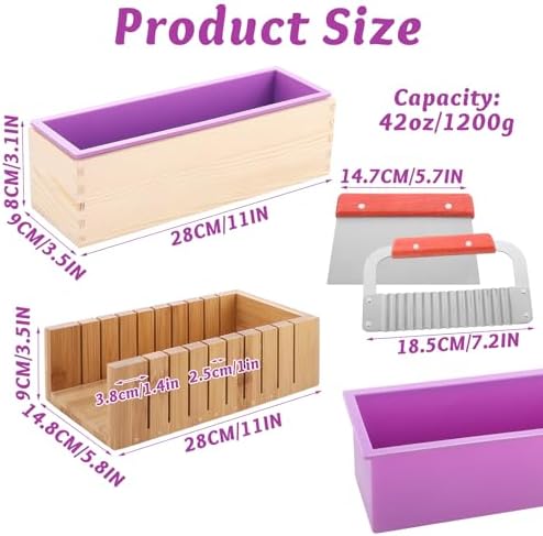 5 PCS DIY Soap Making Kit, Silicone Soap Molds Soap Making Supplies for Adults, Bamboo Cutting Box and 2 PCS 44oz Purple Pink Silicone Mold, Stainless Steel Straight Cutter and Wavy Cutter