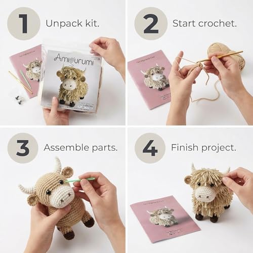 LEISURE ARTS Amigurumi Highland Cow Crochet Kit Tan – Adult Crochet Kit for Amigurumi Animal Project, Highland Cow Plush 8 Inch Finished Figure