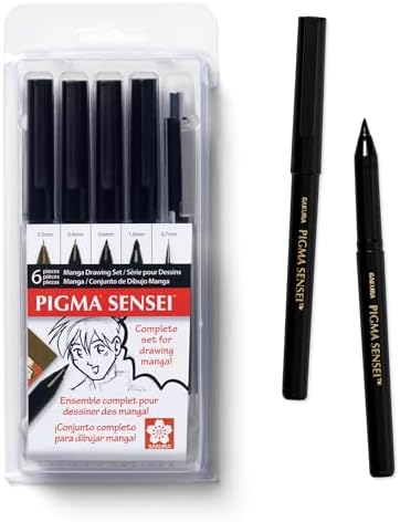 SAKURA Pigma Sensei Manga Drawing Kit, Black, Assorted Nibs, 6 Pack