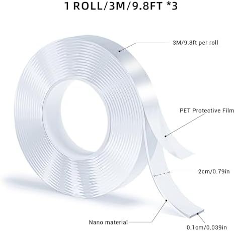 3 Rolls Double Sided Tape, Nano Tape, Transparent Adhesive Tape, Traceless Adhesive Tape, Removable, Washable, Reusable, Suitable for Carpets, Photo Walls, 9.8 Feet Per Roll