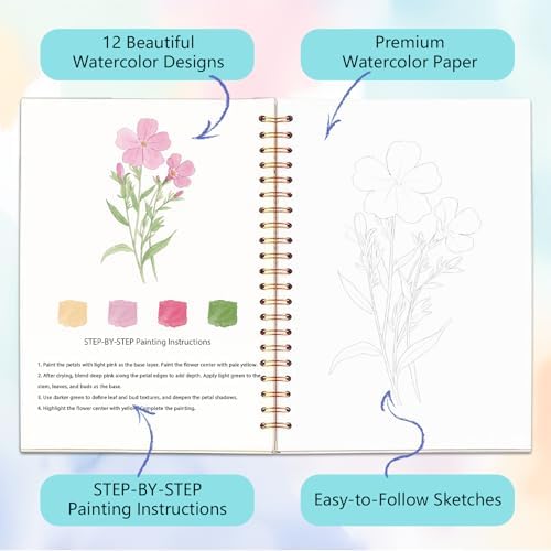 Easy Watercolor Workbook for Beginners - 12 Beautiful Step-by-Step Paintings Water Coloring Book, Includes 16 Watercolors Set, Relaxing Art Projects and Creative Gift for Adults & Teen (Flowers)