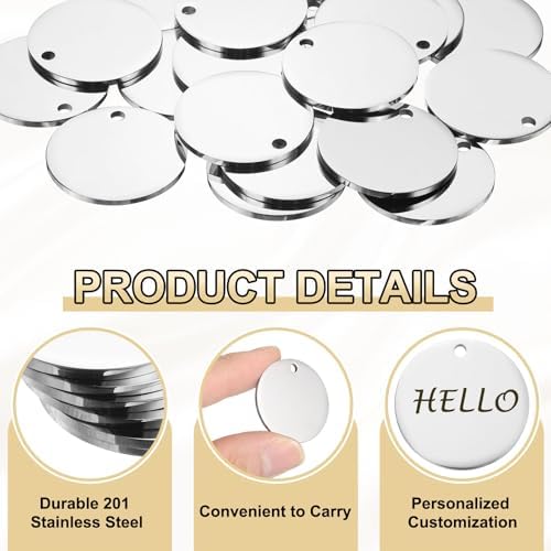 HARFINGTON 10 Pcs Round Blank Stamping Tag 30mm Stainless Steel Circle Polished Blanks Tag Pendants with Hole for Bracelet Crafts Labeling Making, Silver