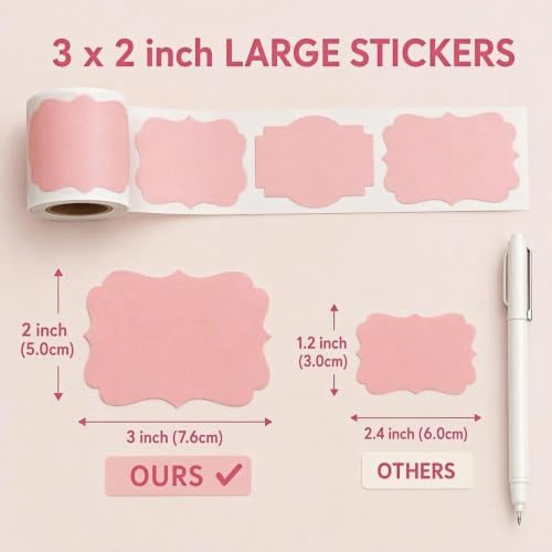 200 Pcs Pink Labels Stickers, 2x3 Inch, 3 Decorative Designs, Writable for Gift Wrapping, Pantry Storage, Jars & Wedding Decor