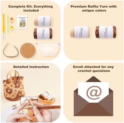 Noocro Crochet Kit for Intermediate or Advanced Level, Floral Raffia Bucket Bag, Purse, Step by Step Video Tutorial, Detailed Instruction Complete Kit Craft Supplies Holiday Gift (Mocha Blossom)