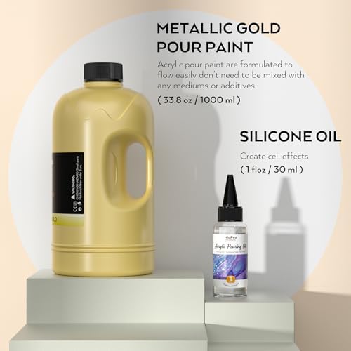 Nicpro Gold Metallic Acrylic Pour Paint, 33.8 Ounce Pre-Mixed Pouring Paint Supplies with Silicone Pour Oil & Gloves for Canvas, Rock, Wood Cell Creation Flow DIY Art Painting, Ready to Pour
