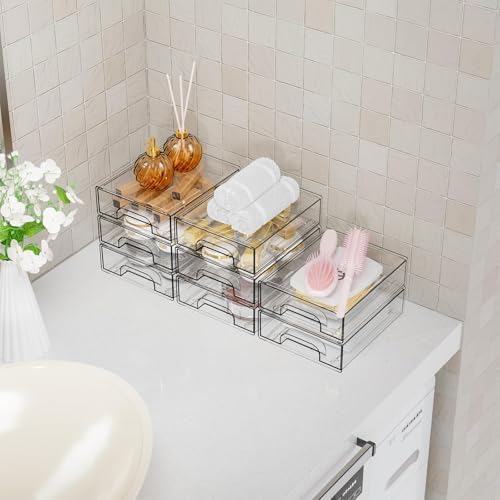 Yieach 2.2'' High Small Clear Stackable Storage Drawers,4 Pack Desk Organization and Storage Bins,Plastic Office Supply Organizer,Acrylic Drawer Storage Organizer for Makeup,Accessory,Pen,Art Crafts