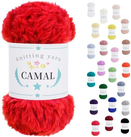 CAMAL Soft Faux Fur Yarn for Crocheting Blanket, 65 Yards Chunky Eyelash Yarn for Knitting Hats, 100 Grams Fuzzy Velvet Crochet Thread for Dolls, Earmuffs, Bags (Red)