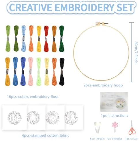 FREEBLOSS 4 Sets 11.6" Embroidery Kit for Beginners Needlepoint Embroidery Starter Kit with Flower Stamped Patterns, Instructions, Colored Threads, 2 Hoops
