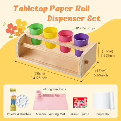 Kids Art Easel with Paper Roll Wooden Tabletop Paper Roll Dispenser