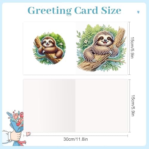 antor 6-Pack Sloth Diamond Art Greeting Cards – DIY 5D Diamond Painting Greeting Card Kits for Adults with Envelopes, Relaxing Rhinestone Card Kit Featuring Cute Hanging Sloths on Tree Branches