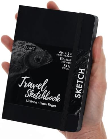 Pro Art Premier Sketch Book Travel 6"x 4" Black 74lb Black 80 Sheets, Sketch Book, Sketchbook, Drawing Pad, Pad, Drawing Paper, Art Book, Paper, Sketchbook for