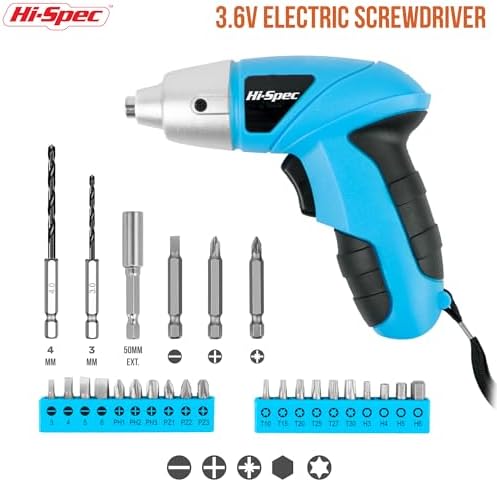 Hi-Spec 3.6V USB Electric Screwdriver for Home Repairs and Assembly, Blue | 27pc, fast assembly help, common screw bit selection, LED visibility, compact grip, quick household fixes, organized storage