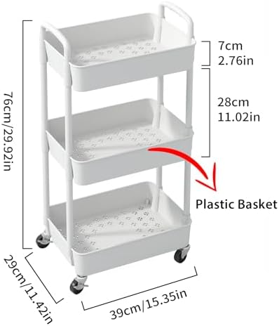 Sywhitta 3-Tier Plastic Rolling Utility Cart with Wheels for Storage,White