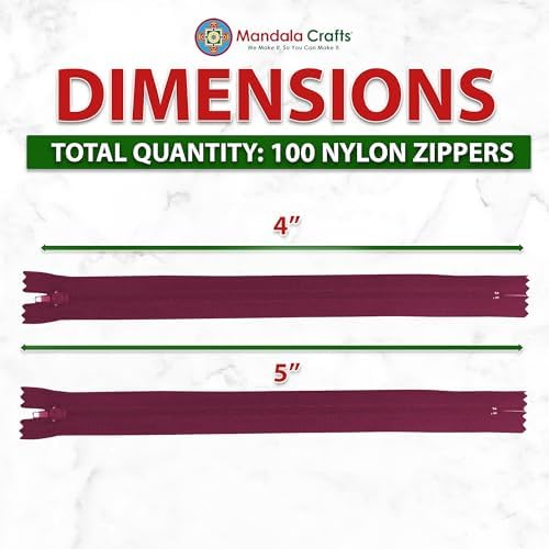 Mandala Crafts 100 PCs Maroon Closed-End 4 Inches Nylon Zippers for Sewing