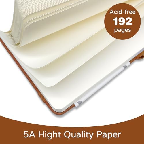 Blank Journal Notebook, A5, 192 Pages 100 GSM Thick Sketch Book for Women Men, Hardcover Leather Unlined Journaling for Work, Notebooks for Writing, 5.8 inches x 8.5 inches (Brown)