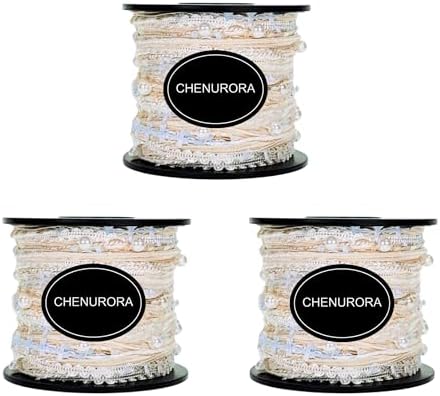 Hand-Blended Multifiber Multicolored Fancy Yarn with Beads for Knitting Crocheting Crafts DIY, Set of 3 Rolls (Beige)