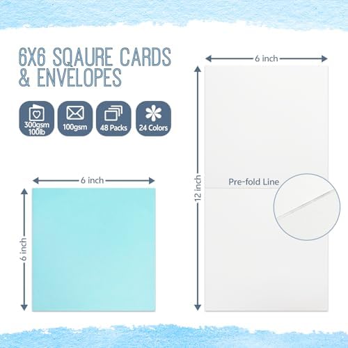 6 x 6 Inch Sqaure Blank Cards with Envelopes 100LB Folded Greeting Cards 24 Assorted Colors 48 Thick Plain Card Stock for Card Making, Photo Cards, Embroidery
