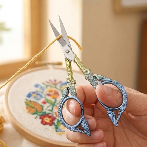 Crochet Scissors with Cover – Blue Gold Vintage Small Embroidery Scissors, Sharp Craft Scissors for Yarn Thread Sewing Needlework, Cute Bird Design Gift for Crocheter Quilter, 4.5 Inch