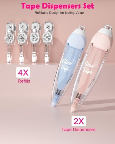 2026 Retractable Double Sided Tape Roller for Crafts, 2 Pcs Glue Tape for Scrapbooking with 4 Extra Refills, Pink & Blue
