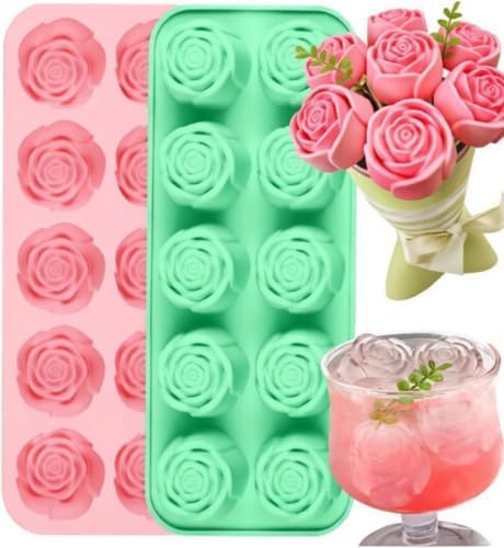 2 Pcs Silicone Rose Mold for Chocolate Strawberry, Flower Soap Mold for Soap Making, Easy Release Rose Ice Cube Mold for Cocktails Jelly Pudding Candy Great for Mom Gifts Cake Decorating