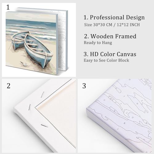 Natuyalo Paint by Numbers Kit with Framed - Boat Paint by Numbers for Adults Beginner Beach Seascape DIY Acrylic Painting by Numbers Kit Colorful Paintworks Artwork, 12x12 Inch