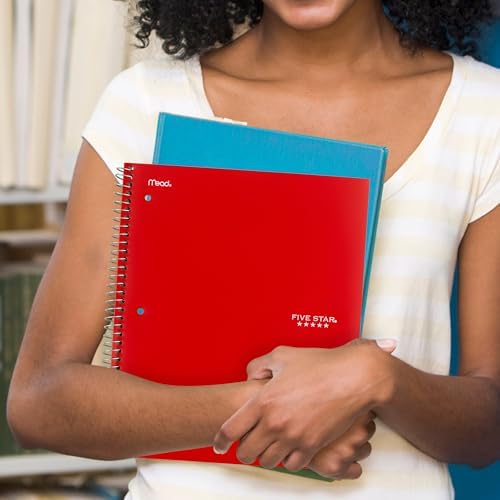 Five Star Spiral Notebook + Study App, 5 Subject, College Ruled Paper, 8-1/2" x 11", 200 Sheets, Fights Ink Bleed, Water Resistant Cover, Fire Red (72077), (Pack of 6)