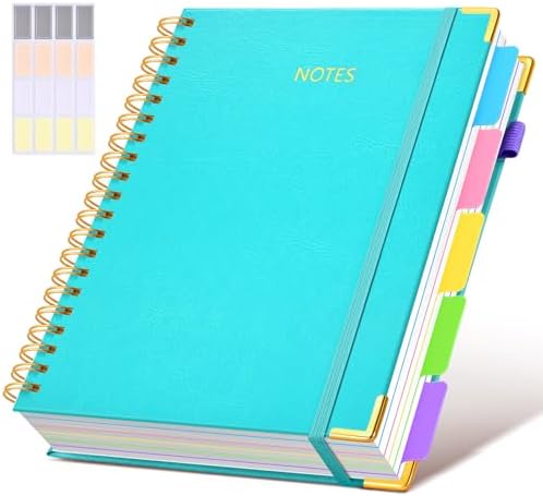 HHardcover Spiral Notebook 8.5"x11" Journal with Removable Dividers Tabs, 300 Pages Leather 5 Subject Notebook College Ruled, Large A4 Notebooks for Work School, Lined Journal for Women, A4 Blue